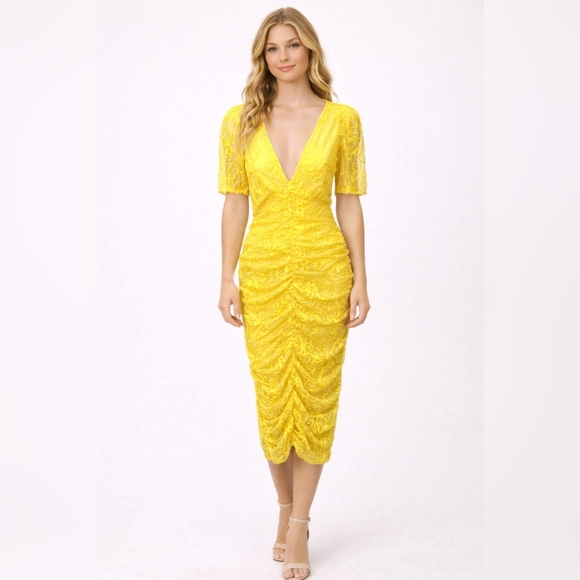 Zara Dresses & Skirts - Zara Bright Yellow Ruched Lace Midi Dress